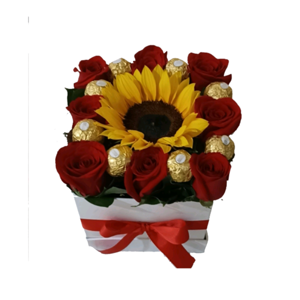 Topiario rosa rojas y girasol con chocolates ferrero, caja blanca -  Floristería Las Flores del Huila