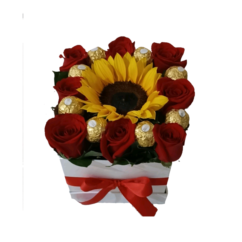 Topiario rosa rojas y girasol con chocolates ferrero, caja blanca -  Floristería Las Flores del Huila